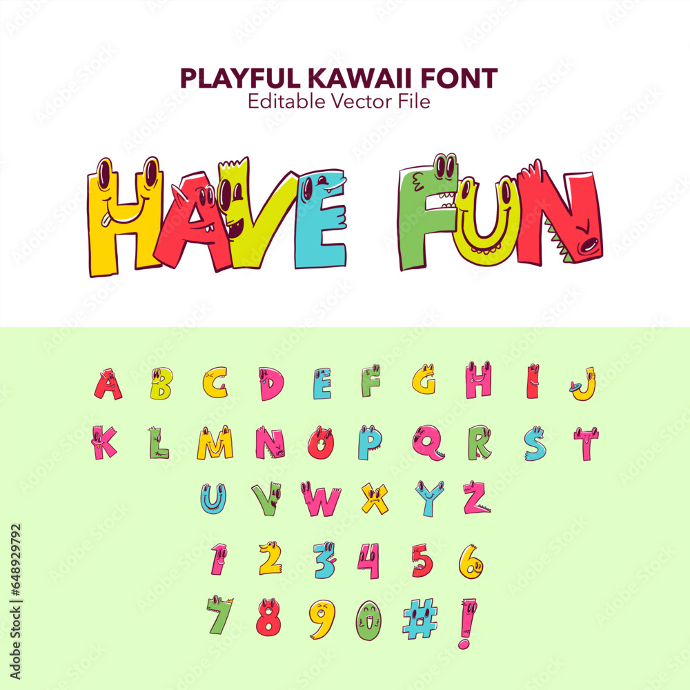 Kawaii letters set, cute font set. Playful font. Playful alphabet
