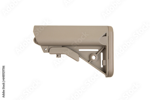 Modern plastic adjustable stock in FDE color. Replaceable part of the gun. Isolate on a white back photo