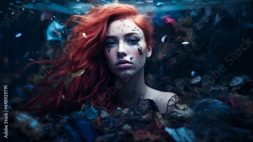 Young mermaid caught in the underwater marine pollution, victim of the impact from plastic and trash. Gothic trashpunk style of the ocean crisis. Vibrant depiction.