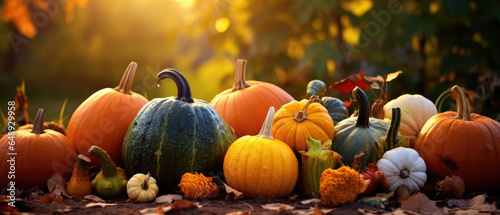 Still life of pumpkins of various shapes in nature as halloween background, generative ai  © Viktoriia Protsak