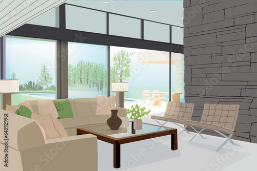 VECTOR DE UNA SALA DE ESTAR CON VISTA AL EXTERIOR