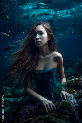 Young mermaid caught in the underwater marine pollution with plastic and trash. Gothic trashpunk, ocean crisis. Vibrant depiction.