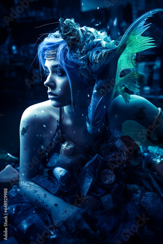 Young mermaid caught in the underwater marine pollution with plastic and trash. Gothic trashpunk, ocean crisis. Vibrant depiction.