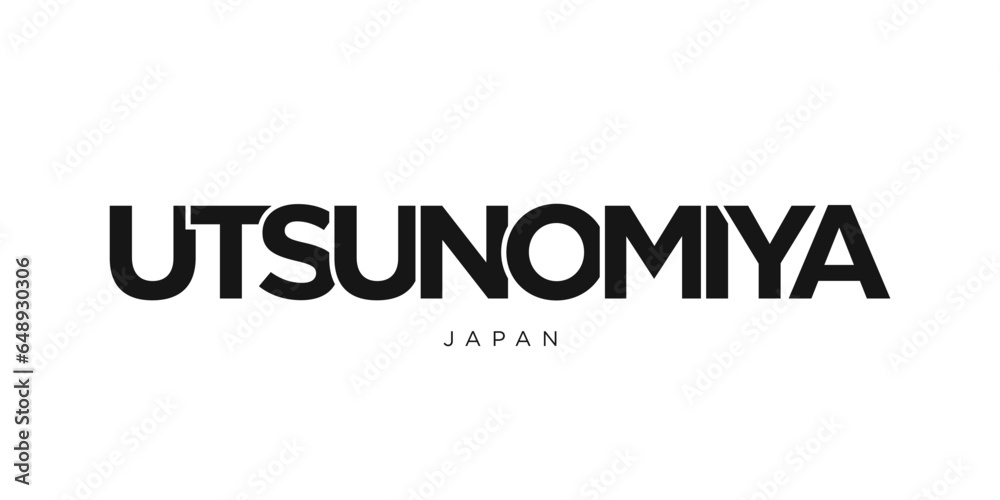 Utsunomiya in the Japan emblem. The design features a geometric style, vector illustration with bold typography in a modern font. The graphic slogan lettering.