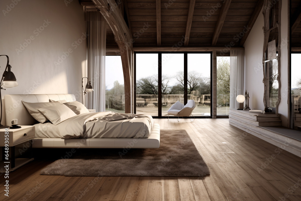 Farmhouse interior design of modern bedroom, generative AI