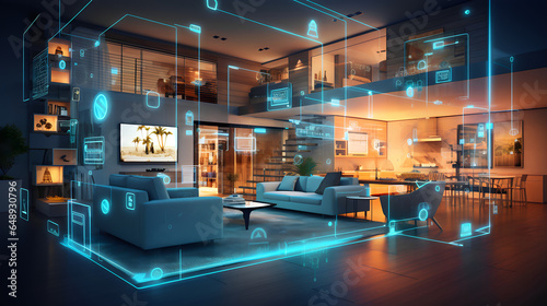 Concept Interior illustration of smart home with artificial intelligence concept. Future of home living 