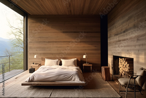 Farmhouse interior design of modern bedroom, generative AI