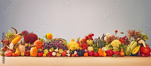 Wide collage of fresh fruits and vegetables.AI generated. © RZ