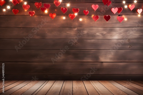 wooden deck table background with heart shape. Valentines day.
