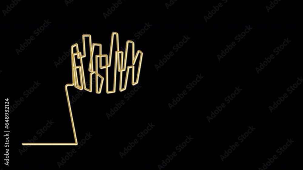 French fries silhouette self drawing animation. Line art. Fast food serving, food potato cooked. Black background. French fries silhouette self drawing animation. Line art. Fast food serving, food potato cooked. Black background.
