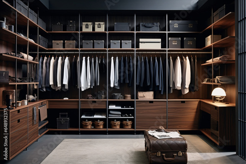 Modern minimalist men walk in wardrobe, generative ai © Alexander