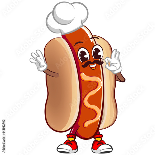 cute happy hot dog mascot mustachioed chef wearing hat giving delicious sign. Isolated vector flat cartoon character illustration design