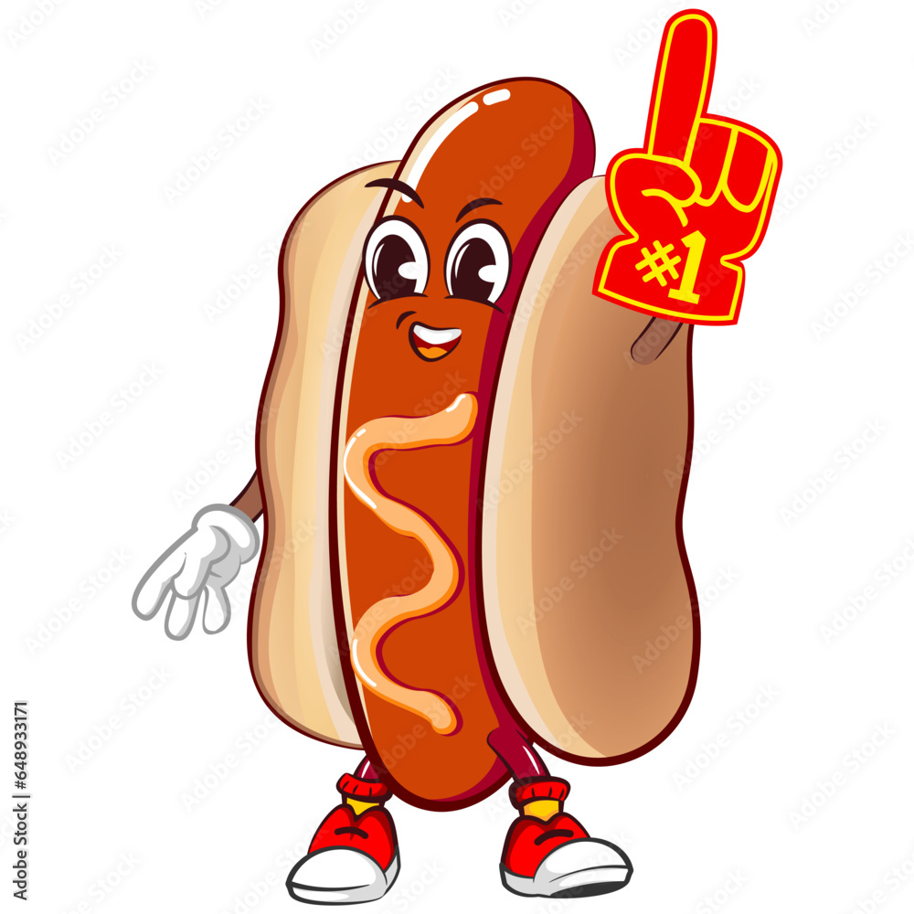 Cute happy hot dog mascot raising foam finger excitedly. Isolated