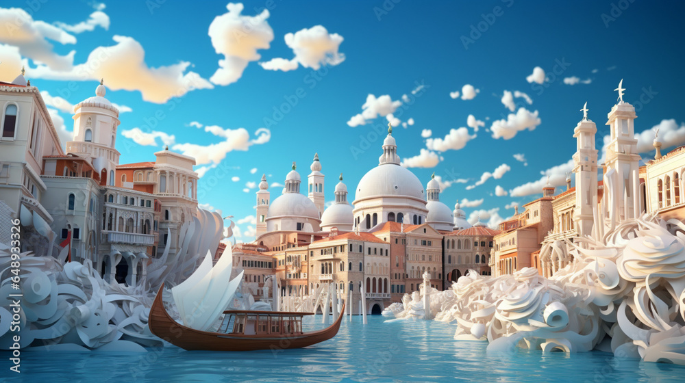 Gondora in Venice Italy with Clear sky in paper art and craft design concept. Created using generative AI.