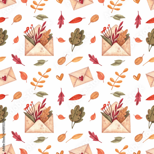 Seamless pattern with autumn leaves and plants in an envelope on a white background. Watercolor illustration. Print on fabric and paper. Wallpaper. Autumn. Season. Cozy. Tree and branches. Art. 