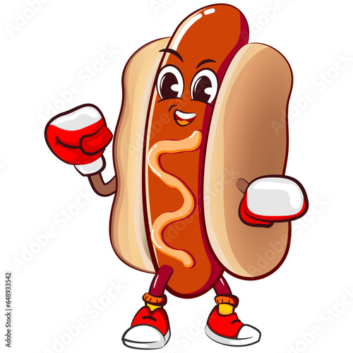 cute happy hot dog mascot practicing boxing wearing boxing gloves. Isolated vector flat cartoon character illustration design