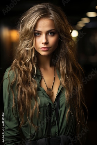 A stunning model girl with long flowing hair, striking green eyes, and a captivating smile. © Photo Designer 4k