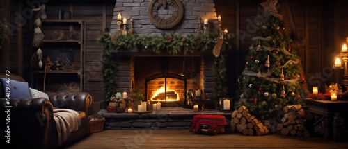 Christmas tree in the fireplace. View of the spacious living room with a fireplace and Christmas decorations. Generative AI