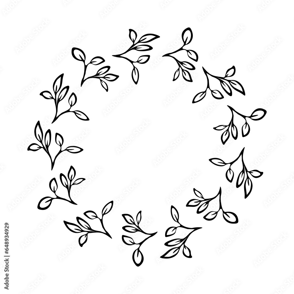 Fototapeta premium Floral pattern simple leaves circle wreath for card or invite, hand drawn vector illustration