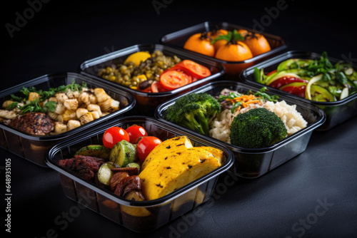 Prepared food for healthy nutrition in lunch boxes. Catering service for balanced diet. Takeaway food delivery in restaurant. Containers with everyday meals