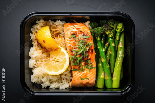 Rice with grilled salmon and asparagus in container. Prepared food for healthy nutrition in lunch box. Catering service for balanced diet.