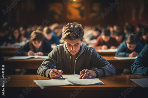 shot of a student sitting at a desk during an exam, displaying confidence and concentration photo