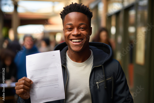 celebratory photo of a student smiling with a passed exam paper, showcasing their achievement and success