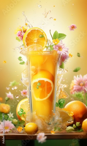 Fresh orange juice pouring from fruits into the glasses