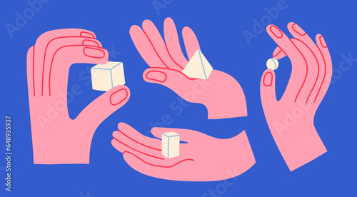 Abstract human Hands hold basic Geometric Figures. Cube, triangle, sphere. Different shapes, positions. Hand drawn trendy Vector illustration. Cartoon style. Isolated design elements