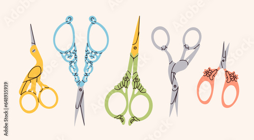 Set of various Scissors. Elegant, vintage, retro style. Hand drawn Vector illustration. Isolated design elements. Cutting hair, scissoring, shear concept