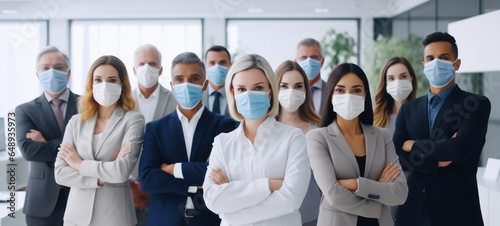 Group of doctors with face masks of multi-ethnic experts, symbolizing diversity and inclusion, Research team working as a team to fight the virus, Insurance concept Healthcare and medical photo