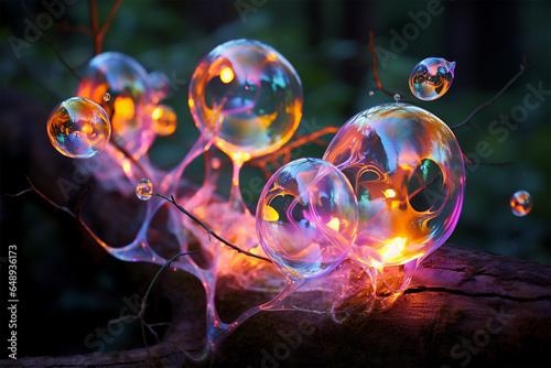 Magischer Sommerzauber: Fröhliche Kinder spielen mit leuchtenden Neon-Seifenblasen im Freien