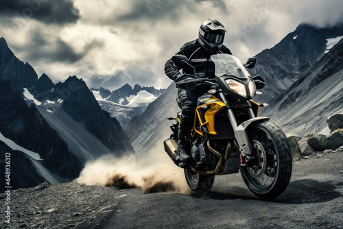 Professional Motorcycle Rider Driving on the mountains