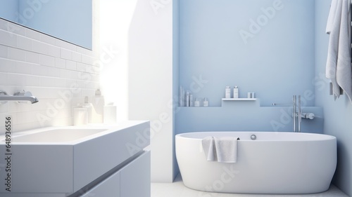 Interior of modern luxury scandi bathroom with white tile walls. White countertop with built-in sink  rectangular mirror  free standing bath. Contemporary home design. 3D rendering.