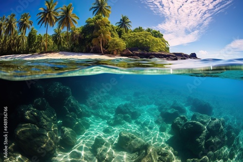 An island with blue water all around, tropical palm trees and a beach. Natural landscape. 