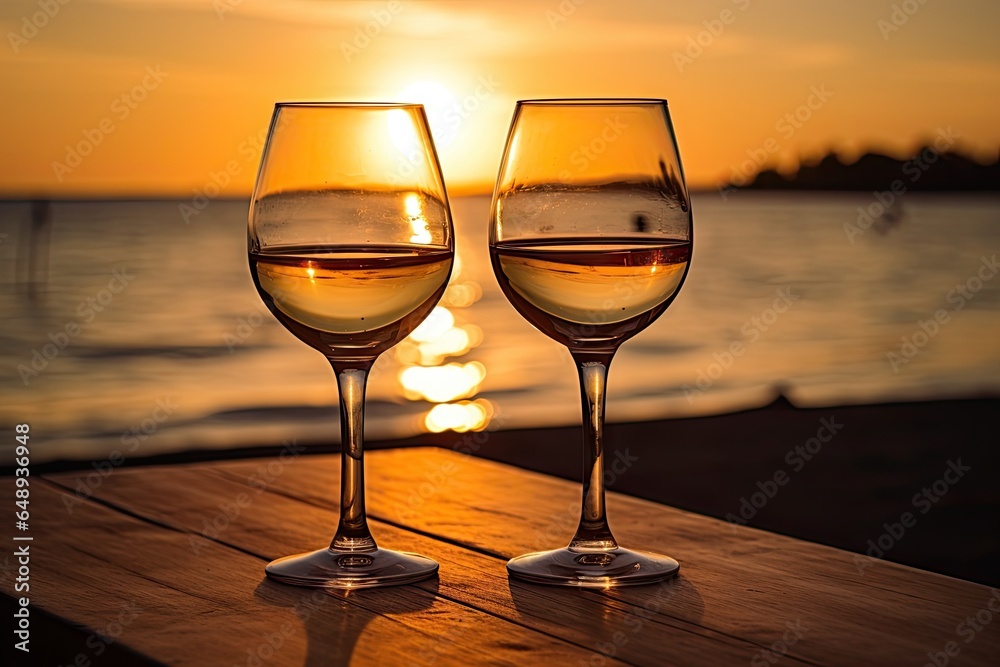 Sipping romance. Sunset by sea. Toast to love. Beachfront evening. Seaside serenity. Wine for two. Epicurean elegance. Oceanfront wine delight