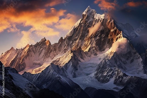 Panoramic view of the cliff top covered with snow at sunset. Natural landscape.