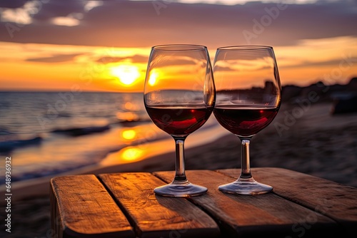 Sipping romance. Sunset by sea. Toast to love. Beachfront evening. Seaside serenity. Wine for two. Epicurean elegance. Oceanfront wine delight