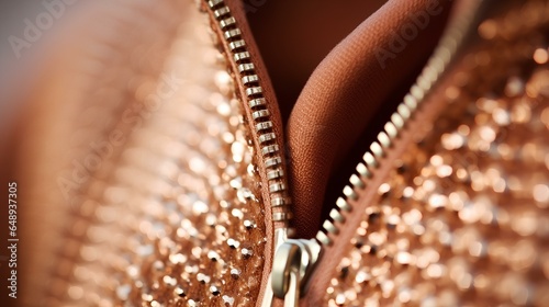 Hoodie zipper detail, product close-up, focus on metallic shine, soft lighting. generative AI