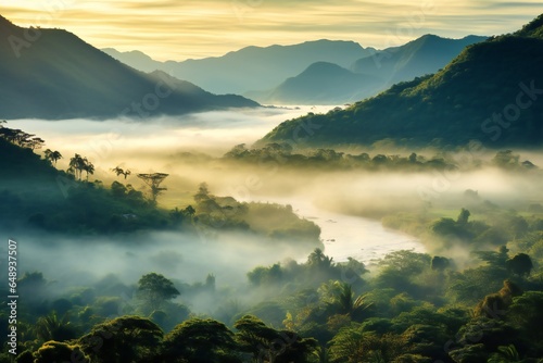 fog over the mountains sunset jungle Landscape valley morning 