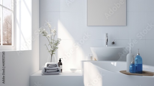 Interior of modern luxury scandi bathroom with white tile walls and window. White countertop with bowl-shaped sink and chrome faucet  rectangular mirror. Contemporary home design. 3D rendering.