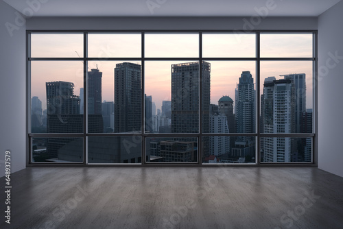 Empty room Interior Skyscrapers View Bangkok. Downtown City Skyline Buildings from High Rise Window. Beautiful Expensive Real Estate overlooking. Sunset. 3d rendering. © VideoFlow