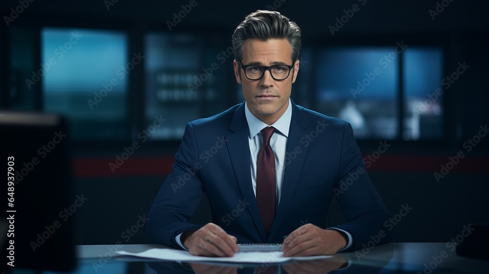A TV presenter sits behind the news desk, smartly dressed. A TV presenter sits behind the news desk, smartly dressed.