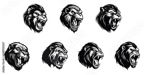 set of black and white gorilla head roaring logo. isolated on a transparent background. eps 10
