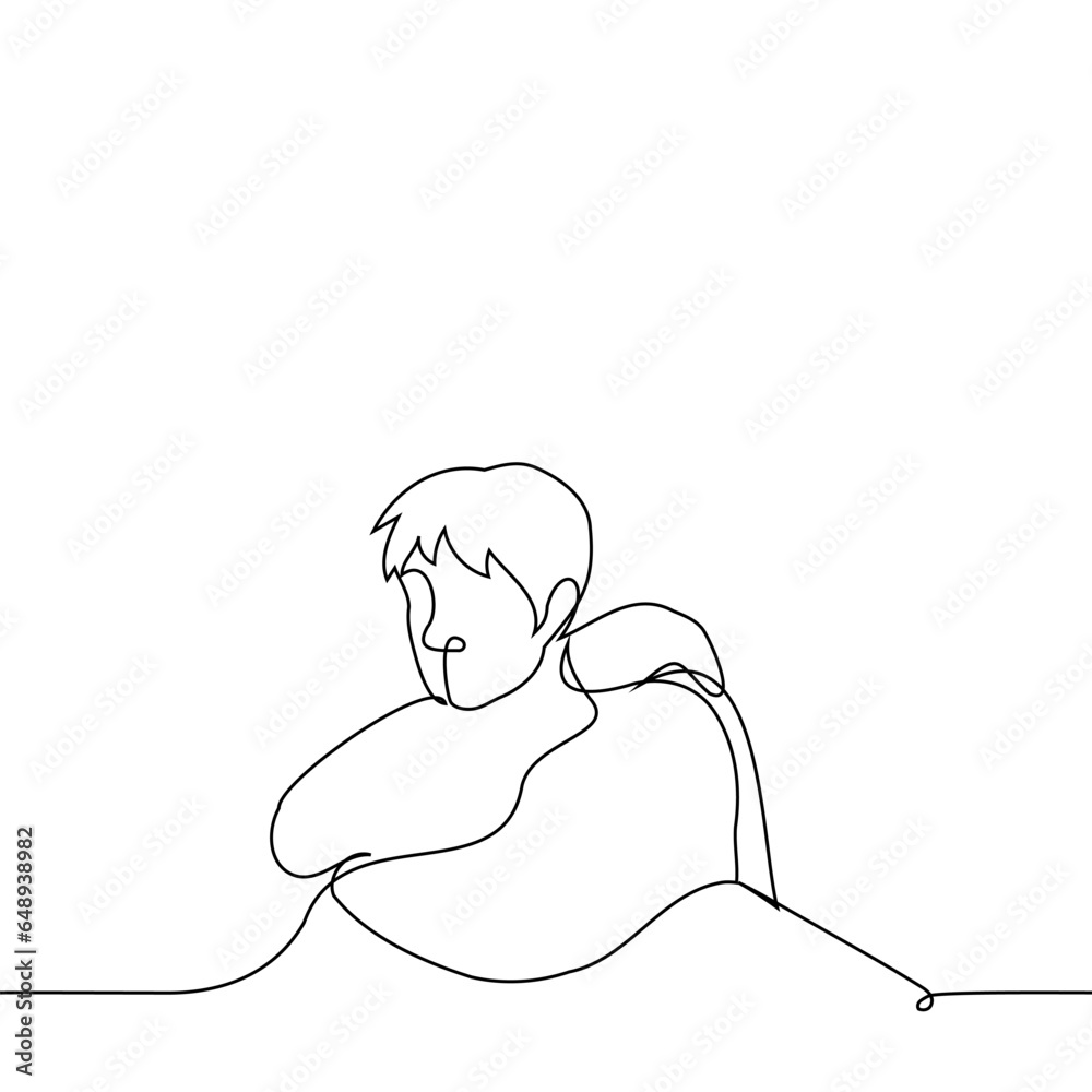 man sits hugging himself - one line art vector. concept melancholy, sadness