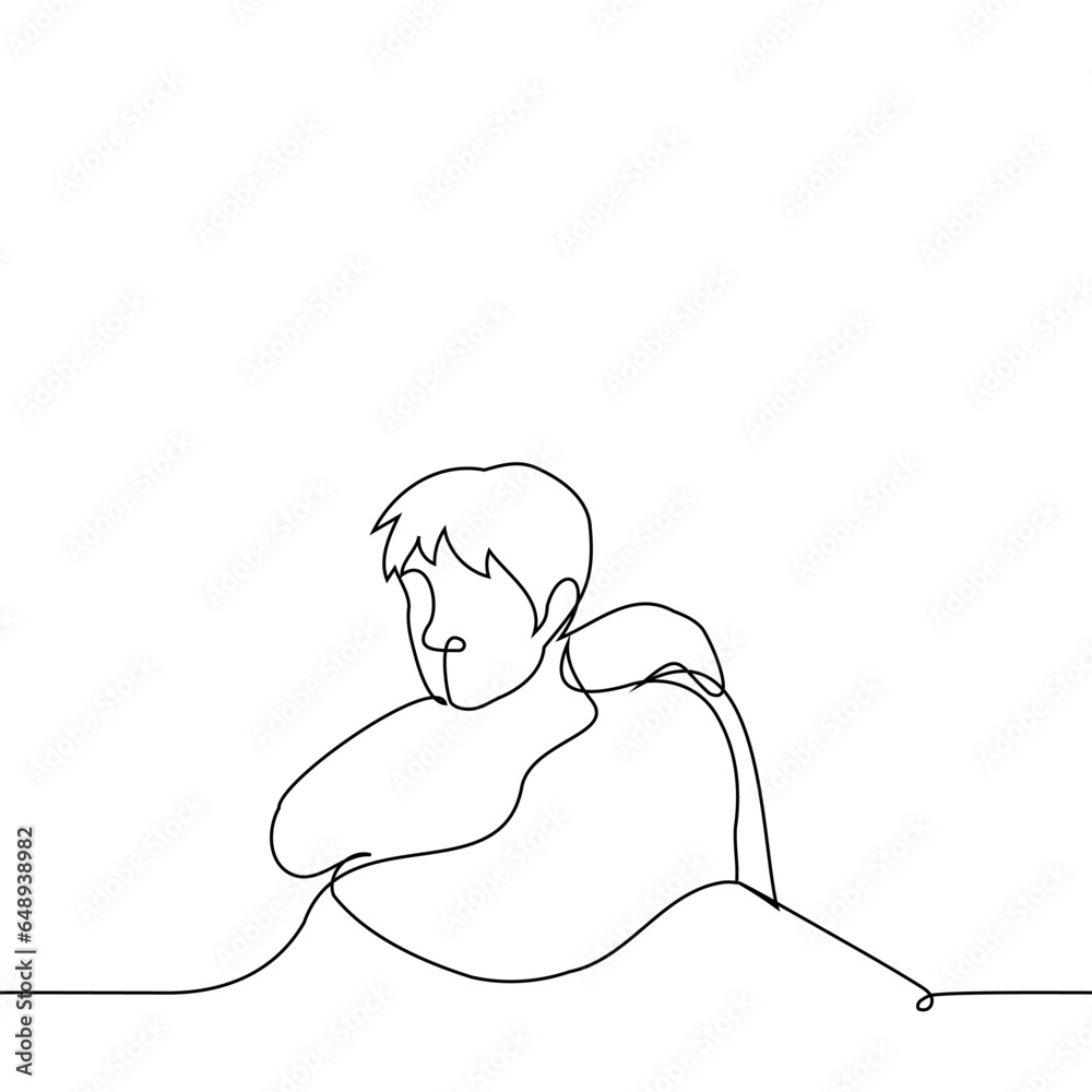 man sits hugging himself - one line art vector. concept melancholy, sadness man sits hugging himself - one line art vector. concept melancholy, sadness