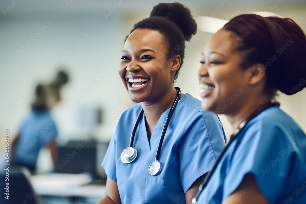 Two nurses laughing and talking in a hospital, positivity and collegiality Two nurses laughing and talking in a hospital, positivity and collegiality