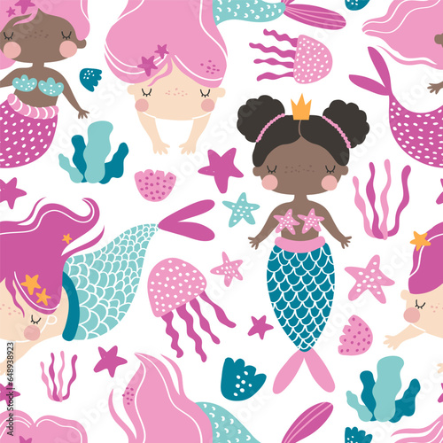 Vector seamless pattern with cute mermaid girls and underwater elements. Ocean, sea. Princess mermaid. Creative kids texture for fabric, wrapping, textile, wallpaper.