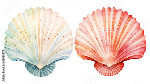 Retro vintage two watercolor shells on transparent background