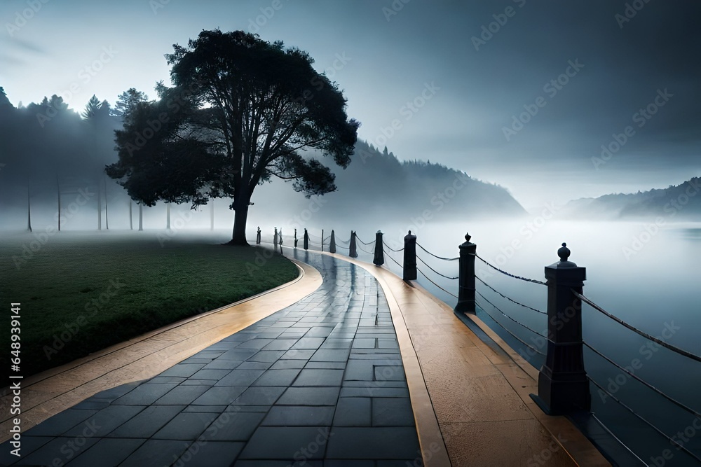 Paint a scene where a stone path winds its way through a misty